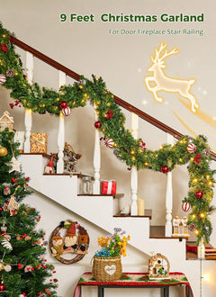 9FT Christmas Garland with Lights, Battery Operated Lighted Garland, 100 LED White Lights, 8 Modes, Timer