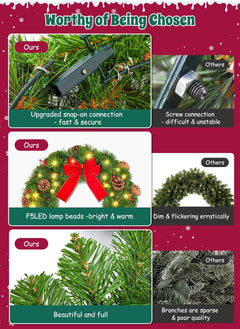 24 Inch Pre-Lit Christmas Wreaths for Front Door, IP44 Battery Operated 50 LED Christmas Wreath