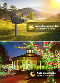 2 Pack Total 80FT 200 LED Solar Lights with 8 Modes for Christmas Decoration, Red Green & White