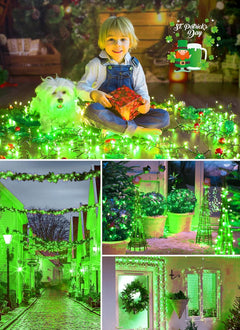 40FT 100 LED Solar Powered String Lights with 8 Modes for St Patrick Decoration, Green