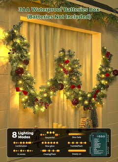 9FT Christmas Garland with Lights, Battery Operated, 100 LED White Lights, 8 Modes, Timer