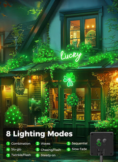 40FT 100 LED Solar Powered String Lights with 8 Modes for St Patrick Decoration, Green