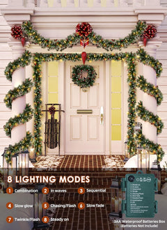 Christmas Garland with Lights, 9ft 100LED Battery Operated Garland Decorated with Pine Cones, Berry, 8 Light Modes & Timer
