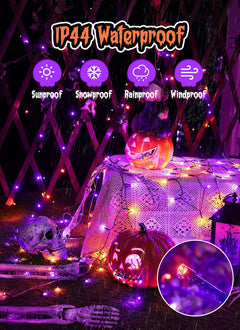 40FT 100 LED Solar String Lights for Halloween Haunted House Party, Black Wire, Orange & Purple