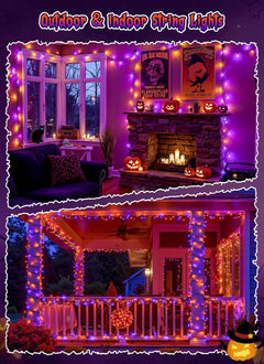 Halloween Solar String Lights Outdoor, Total 144Ft 400 LED, 8 Modes, 2-Pack (Orange&Purple)