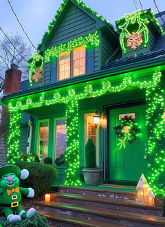 40FT 100 LED Solar Powered String Lights with 8 Modes for St Patrick Decoration, Green