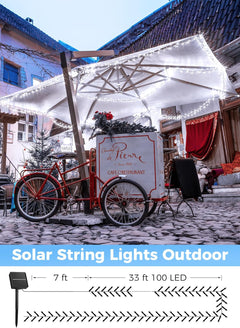 40FT 100 LED Solar Powered Outdoor String Lights with 8 Lighting Modes for Xmas Tree, Cool White