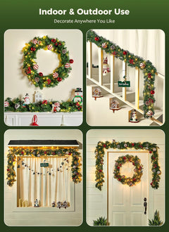 9FT Christmas Garland with Lights, Battery Operated Lighted Garland, 100 LED White Lights, 8 Modes, Timer