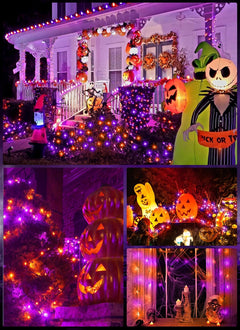 40FT 100 LED Solar String Lights for Halloween Haunted House Party, Black Wire, Orange & Purple