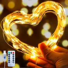 33 ft 100 LED USB Plug in silver wire String Lights with Remote for Home DIY, 8 Modes, Warm White