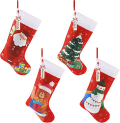 4 Pack Christmas Stockings with Personalized Name Tags, 18 Inches Red