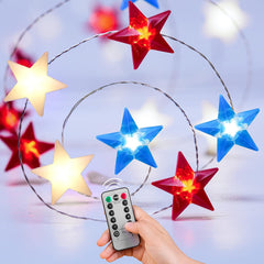 Battery Operated Red White Blue Star String Lights, 11 FT 30 LED, Remote & Timer