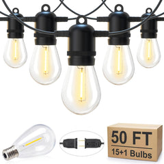 50FT Outdoor String Lights with 16 Shatterproof S14 Edison Bulbs, Waterproof for Patio and Garden