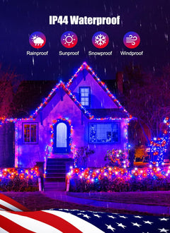 Red White Blue 33ft 100 LED String Lights with Remote, Plug-in, Independence Day