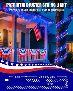 Red White Blue 25ft 500 LED Cluster String Lights, 8 Modes, Waterproof, Independence Day