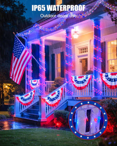 Red White Blue 25ft 500 LED Cluster String Lights, 8 Modes, Waterproof, Independence Day