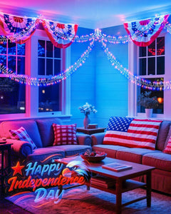 Red White Blue 25ft 500 LED Cluster String Lights, 8 Modes, Waterproof, Independence Day