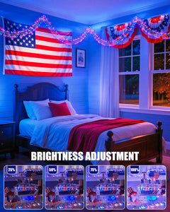 Red White Blue 25ft 500 LED Cluster String Lights, 8 Modes, Waterproof, Independence Day