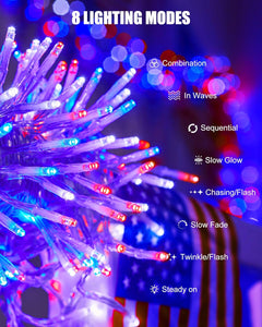 Red White Blue 25ft 500 LED Cluster String Lights, 8 Modes, Waterproof, Independence Day