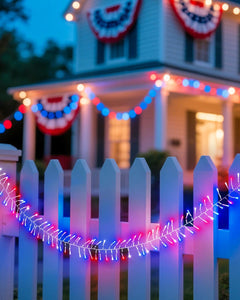 Red White Blue 25ft 500 LED Cluster String Lights, 8 Modes, Waterproof, Independence Day