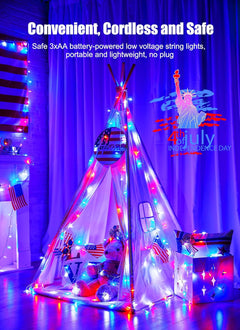 Independence Day 8ft Battery Operated String Lights, 20 Red White Blue LEDs, Timer