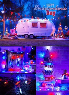 Independence Day 8ft Battery Operated String Lights, 20 Red White Blue LEDs, Timer