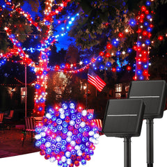 Red White Blue 80ft Solar String Lights, 200 LEDs, 8 Modes, Waterproof, 2-Pack