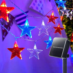Red White Blue Solar-Powered 25ft 50 LED Star String Lights with 8 Modes