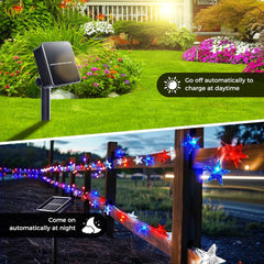 Red White Blue Solar-Powered 25ft 50 LED Star String Lights with 8 Modes