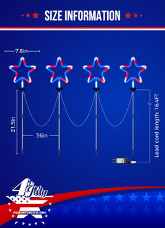 Red White Blue 8 Large Neon Star Pathway Lights, Plug-in, Outdoor Patriotic Decor