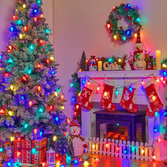 66FT Plug in 100 Vintage C9 LED Light Bulbs for Christmas Roofline Patio Porch, Multicolor