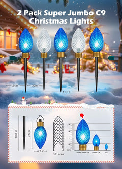 2 Pack Total 22 FT Plug in 10 LED Jumbo C9 Strawberry Lights for Xmas Pathway, Blue & Pure White