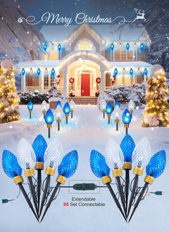 2 Pack Total 22 FT Plug in 10 LED Jumbo C9 Strawberry Lights for Xmas Pathway, Blue & Pure White