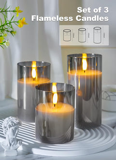 Set of 3 Glass Flameless Candles with Remote and Timer, Smoke Grey