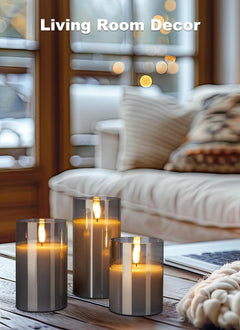 Set of 3 Glass Flameless Candles with Remote and Timer, Smoke Grey
