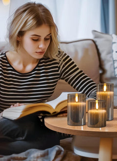 Set of 3 Glass Flameless Candles with Remote and Timer, Smoke Grey