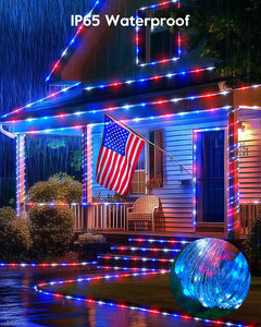 Solar Red White Blue 2-Pack 200 LED 78ft String Lights with 8 Modes, Waterproof