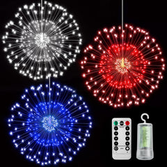3-Pack Battery Operated Red White Blue Firework String Lights, 540 LEDs, Remote & Timer