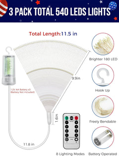 3-Pack Battery Operated Red White Blue Firework String Lights, 540 LEDs, Remote & Timer