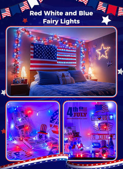 Red White Blue 39ft LED String Lights, 100 LEDs, 8 Modes, Connectable, Waterproof