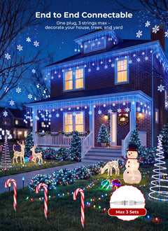 Blue & White Snowflake Christmas Icicle Lights, 20Ft 228 LED, 24 Drops, 8 Modes, Timer, Connectable