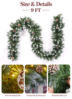 Christmas Garland with Lights, 9Ft Frosted Carolina Pine, 50 Pre-Installed LEDs, 20 Pine Cones