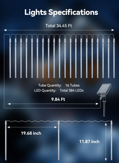 16 Tubes 384 LED Solar Meteor Shower String Lights Outdoor, Pure White, IP65 Waterproof