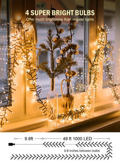 1000 LED 50FT Christmas Firecracker Cluster Lights, 12 Modes Timer Remote