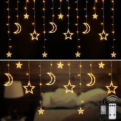 Plug In 18ft 138 LED 12 Star Moon Drops Christmas Window Lights with Remote, 8 Modes, Warm White