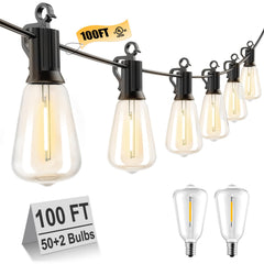 100FT Plug in 50+2 LED ST38 LED Patio Lights for Porch Patio Balcony Christmas Party Decor