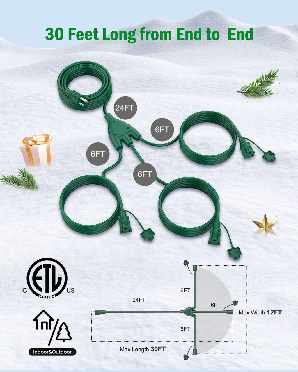 30 FT / 3 Outlets / Green