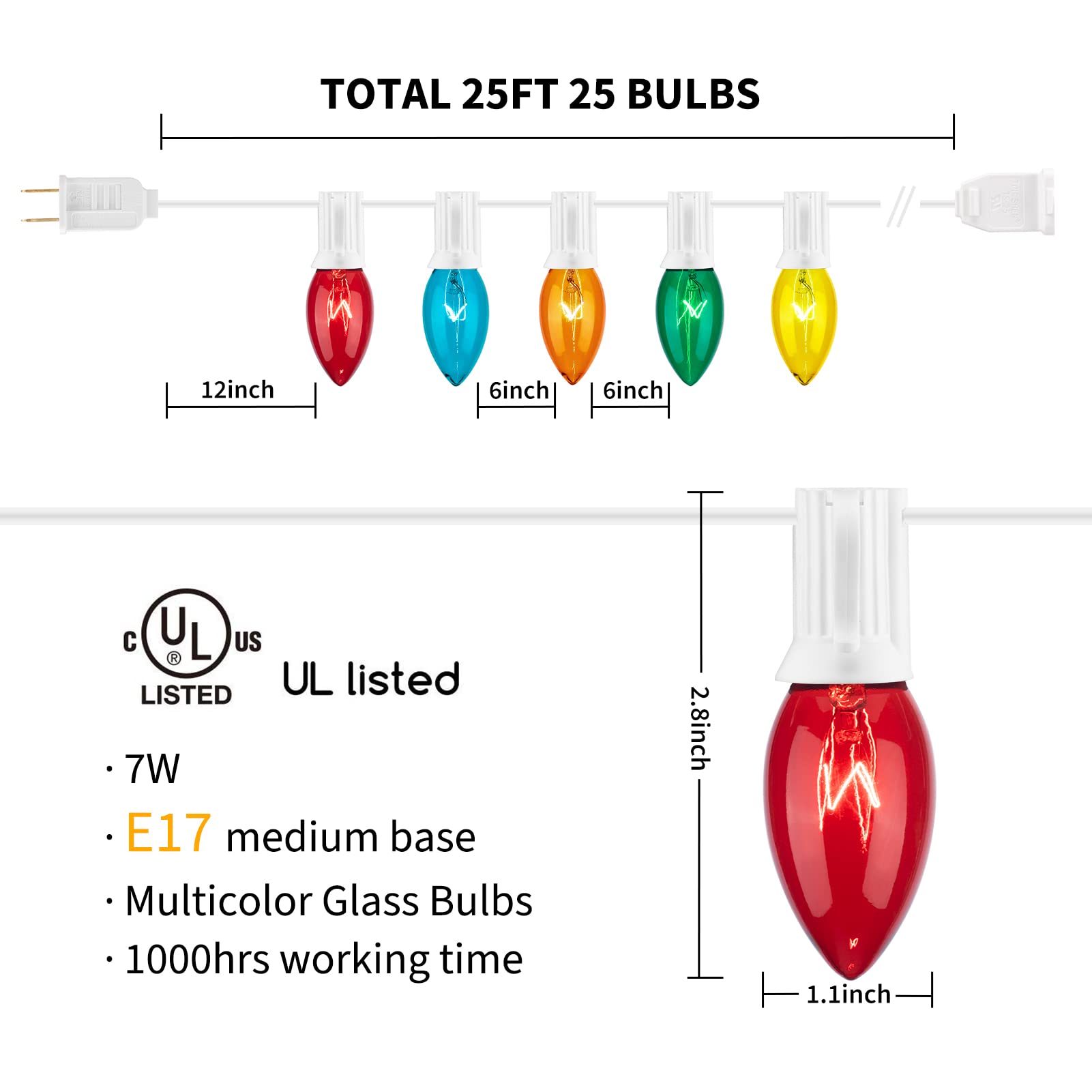 25 Feet / 25 Satin Bulbs / Multicolor