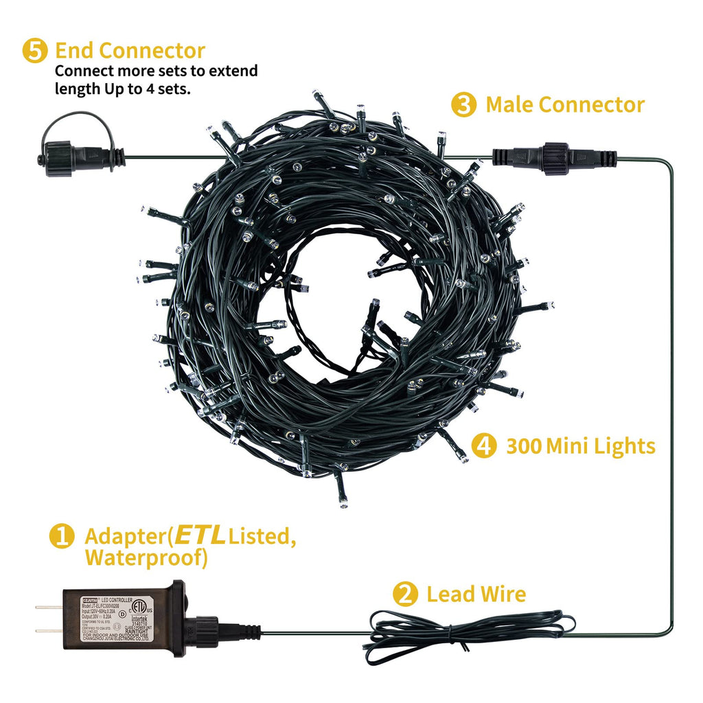 108 Feet / 300 LED / Warm White and Multicolor/ Green Wire