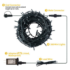 108 Feet / 300 LED / Warm White and Multicolor/ Green Wire